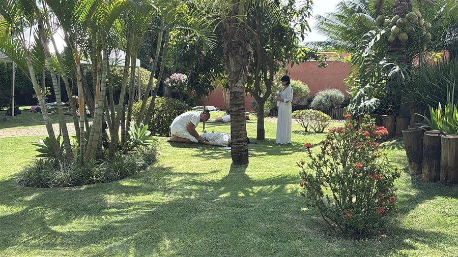 Silvia Luccisano e Alessandro Rubel sorrindo, juntos no jardim — quem conduz a vivência