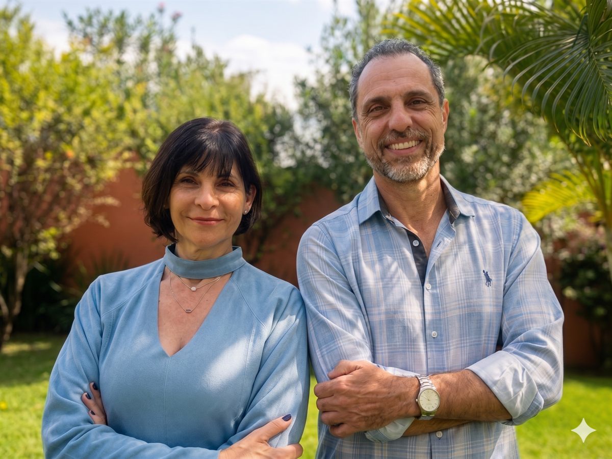 Silvia Luccisano e Alessandro Rubel, lado a lado em um jardim, transmitindo presença e serenidade